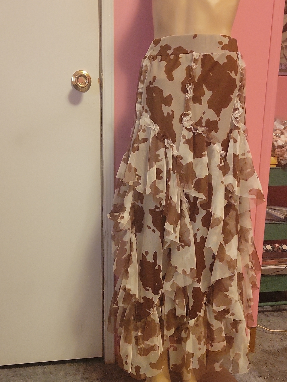 Cato Brown and Cream Tiered Ruffle Cow Print Maxi Skirt